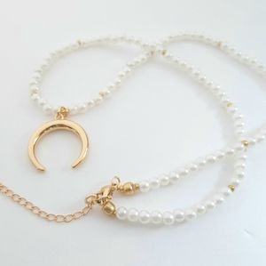 Gold moon pendant  pearl necklace